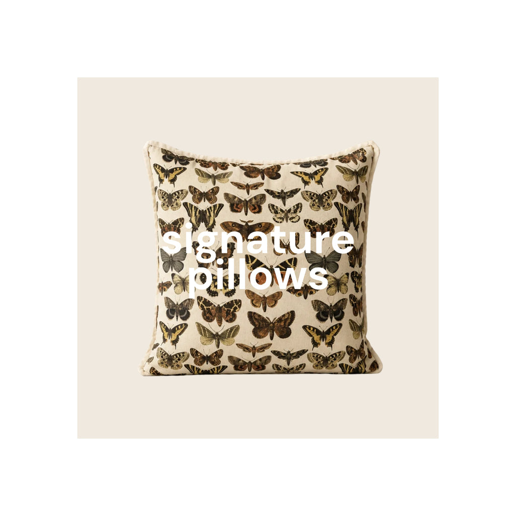 Square throw pillow, cream linen with all-over brown and tan butterfly moth print