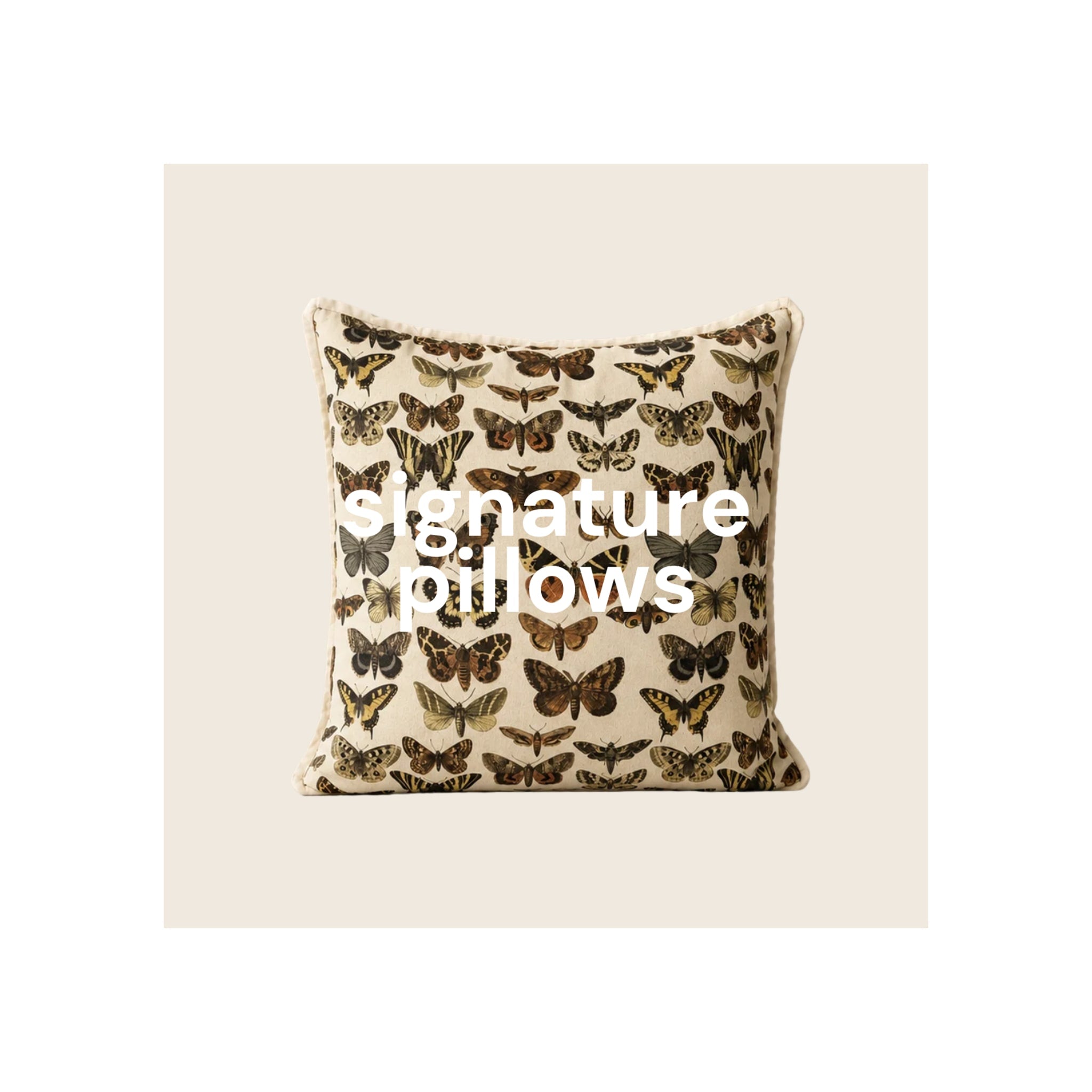 Square throw pillow, cream linen with all-over brown and tan butterfly moth print