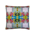 Decorative cushion with multicolour abstract floral kaleidoscope print, piped edges, front-facing orientation