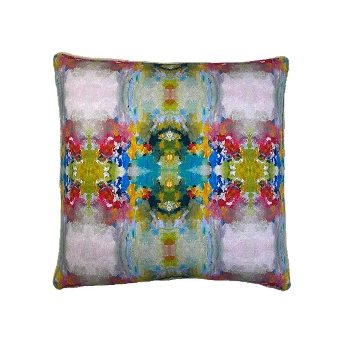 Decorative cushion with multicolour abstract floral kaleidoscope print, piped edges, front-facing orientation