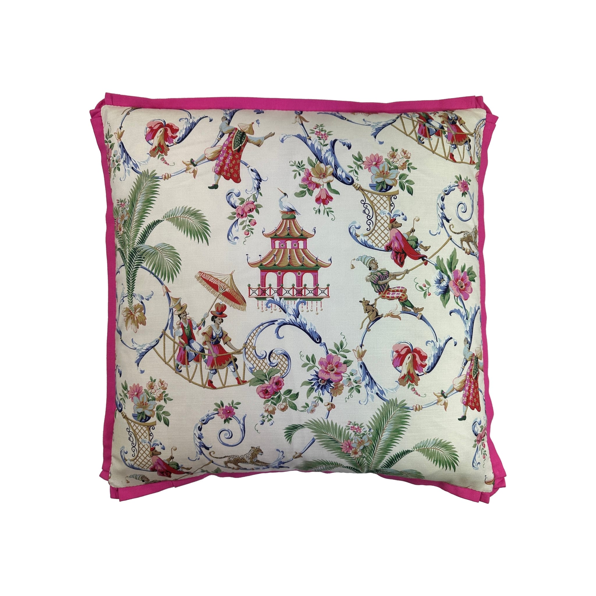 Cushion, cream ground chinoiserie print with pink flange border, front view