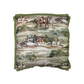 Cushion with equestrian horse-racing watercolour print, green linen flange border, square format
