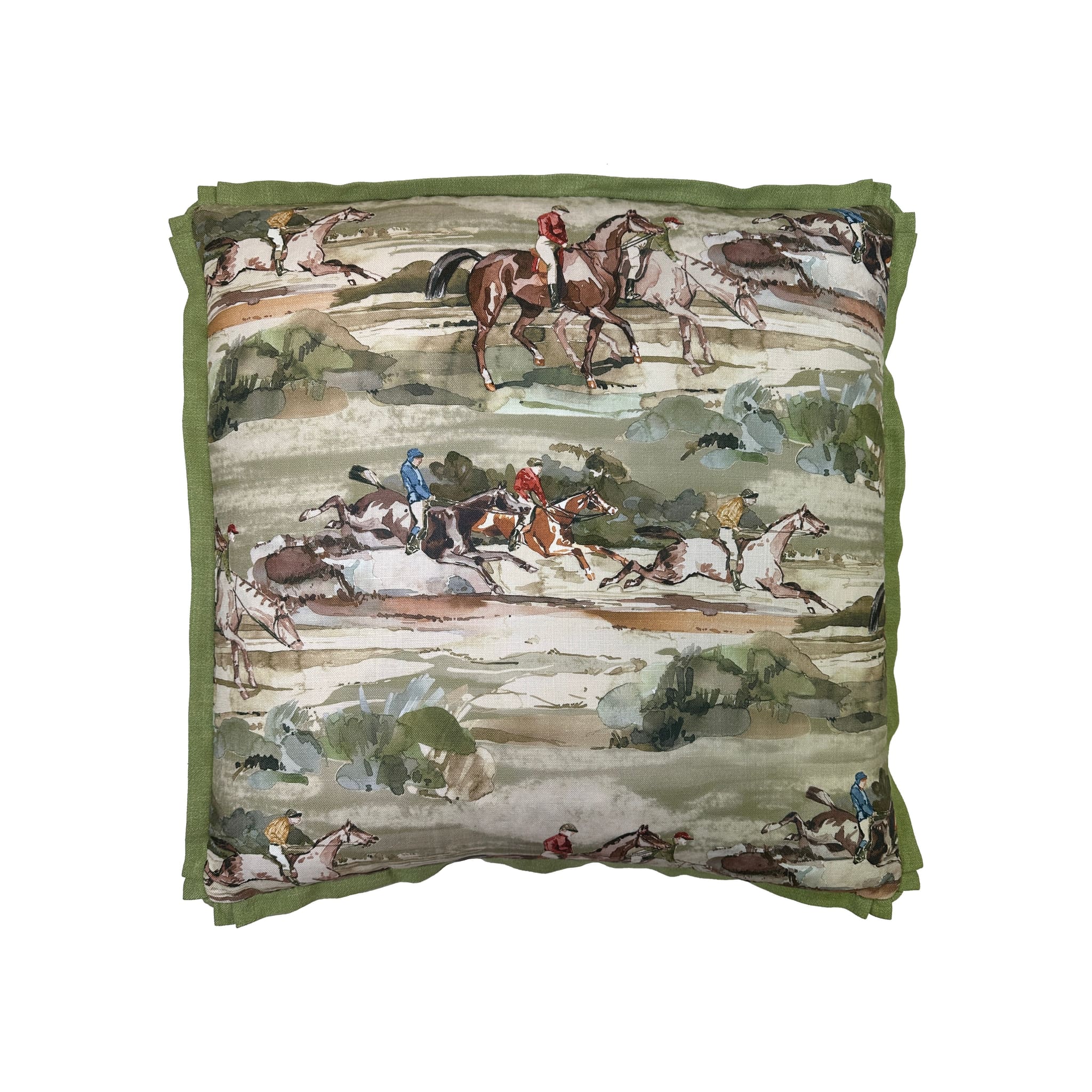 Cushion with equestrian horse-racing watercolour print, green linen flange border, square format
