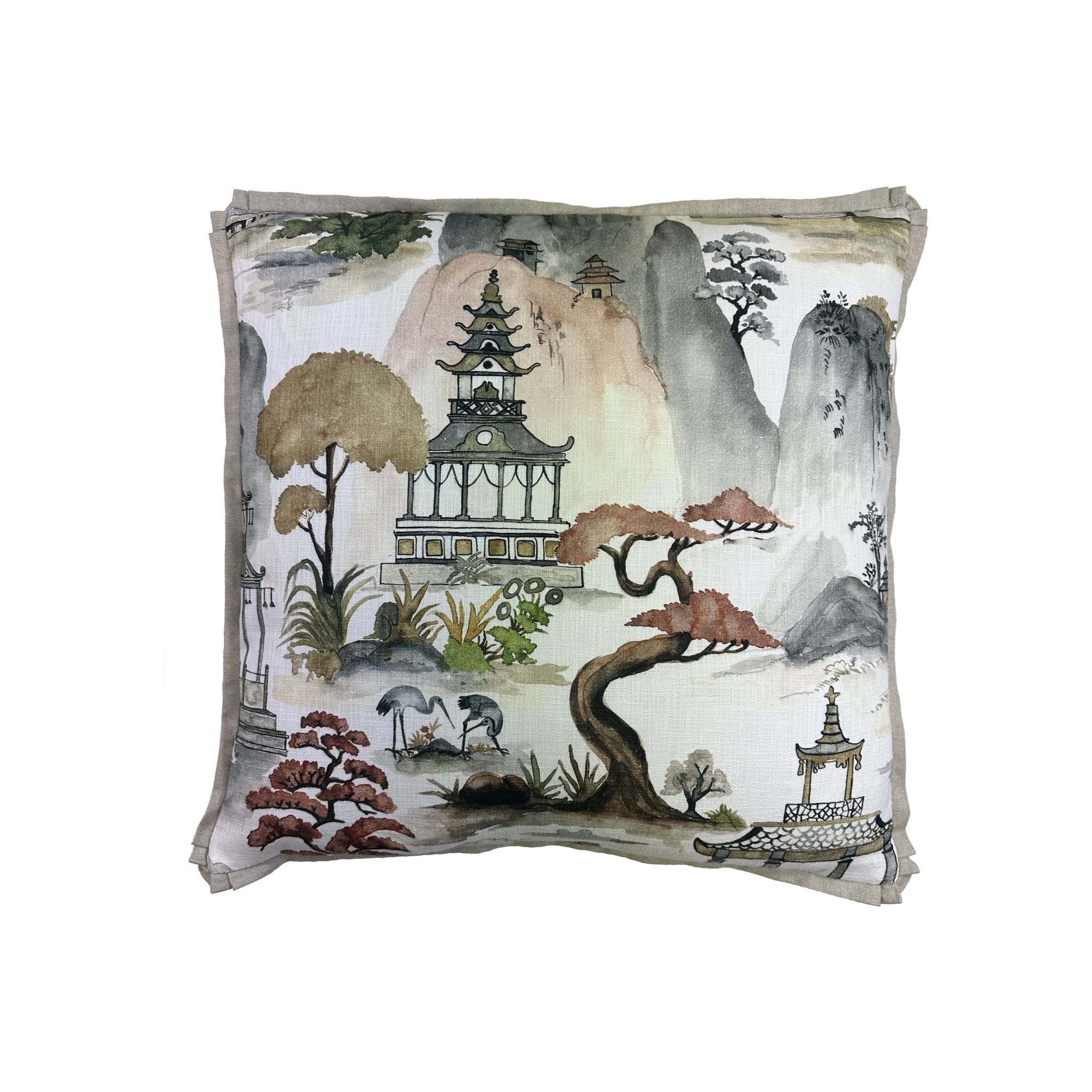 Cushion with chinoiserie landscape print featuring pagodas, bonsai trees, cranes, and mountains in muted earth tones on white ground with linen flange border