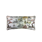 Lumbar cushion, chinoiserie pagoda and crane print, linen flange trim, rectangular, front view
