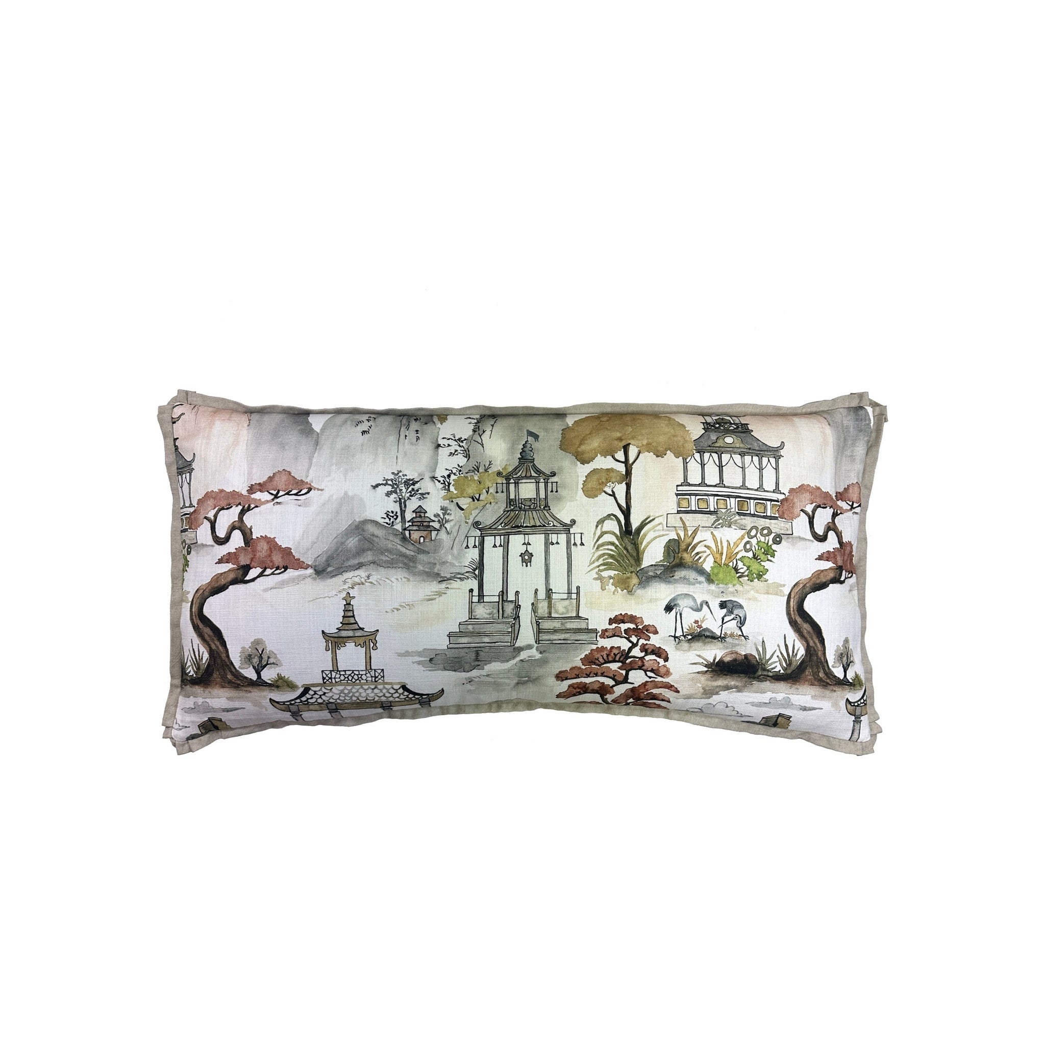 Lumbar cushion, chinoiserie pagoda and crane print, linen flange trim, rectangular, front view
