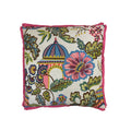 Cushion with multicolour floral and pagoda embroidery on cream ground, pink ruffle trim, square format, front face centred