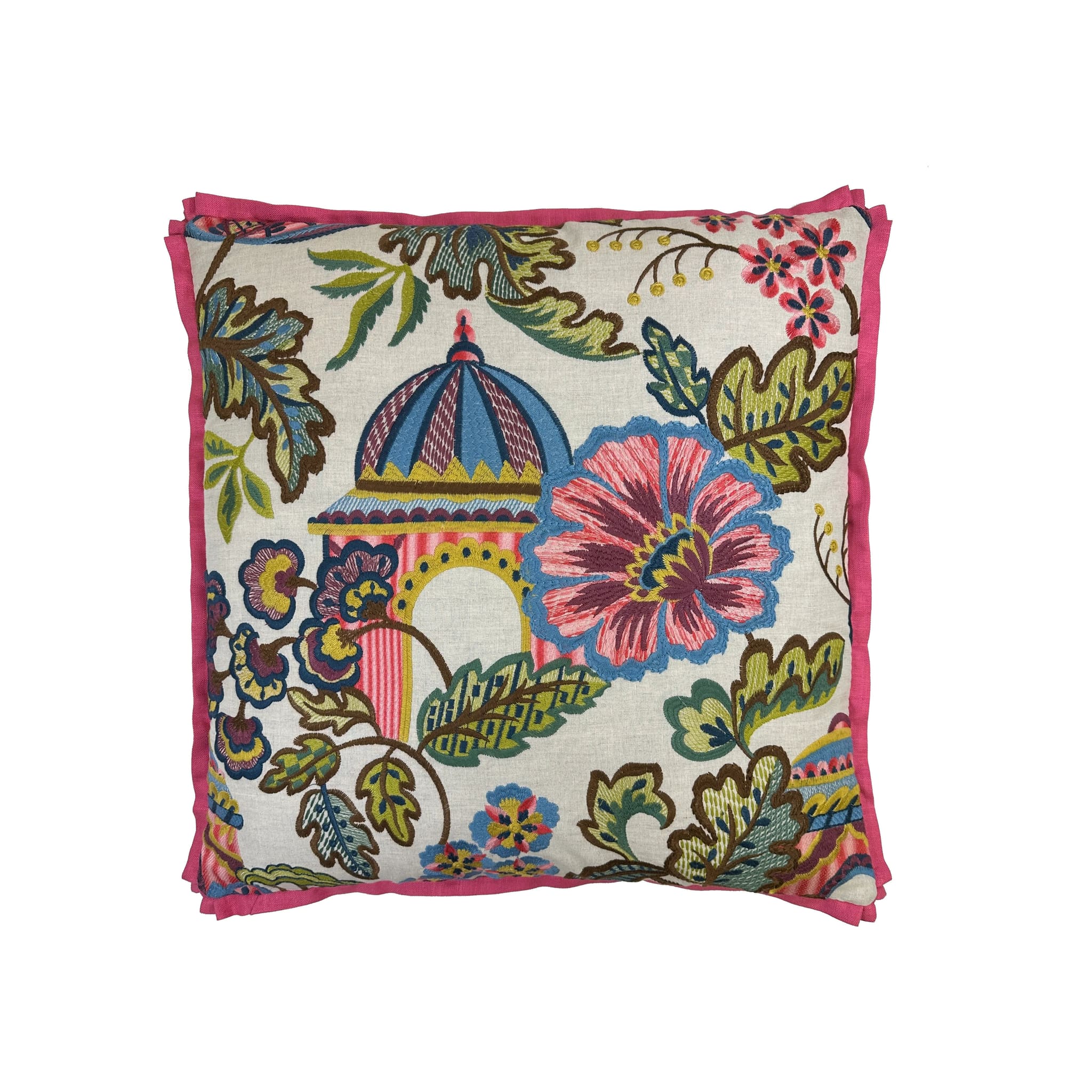 Cushion with multicolour floral and pavilion embroidery on cream ground, pink flange trim
