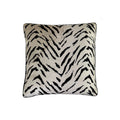 Cushion, square, smokey quartz and black tiger-stripe woven pattern, black piped edging, front-facing flat lay