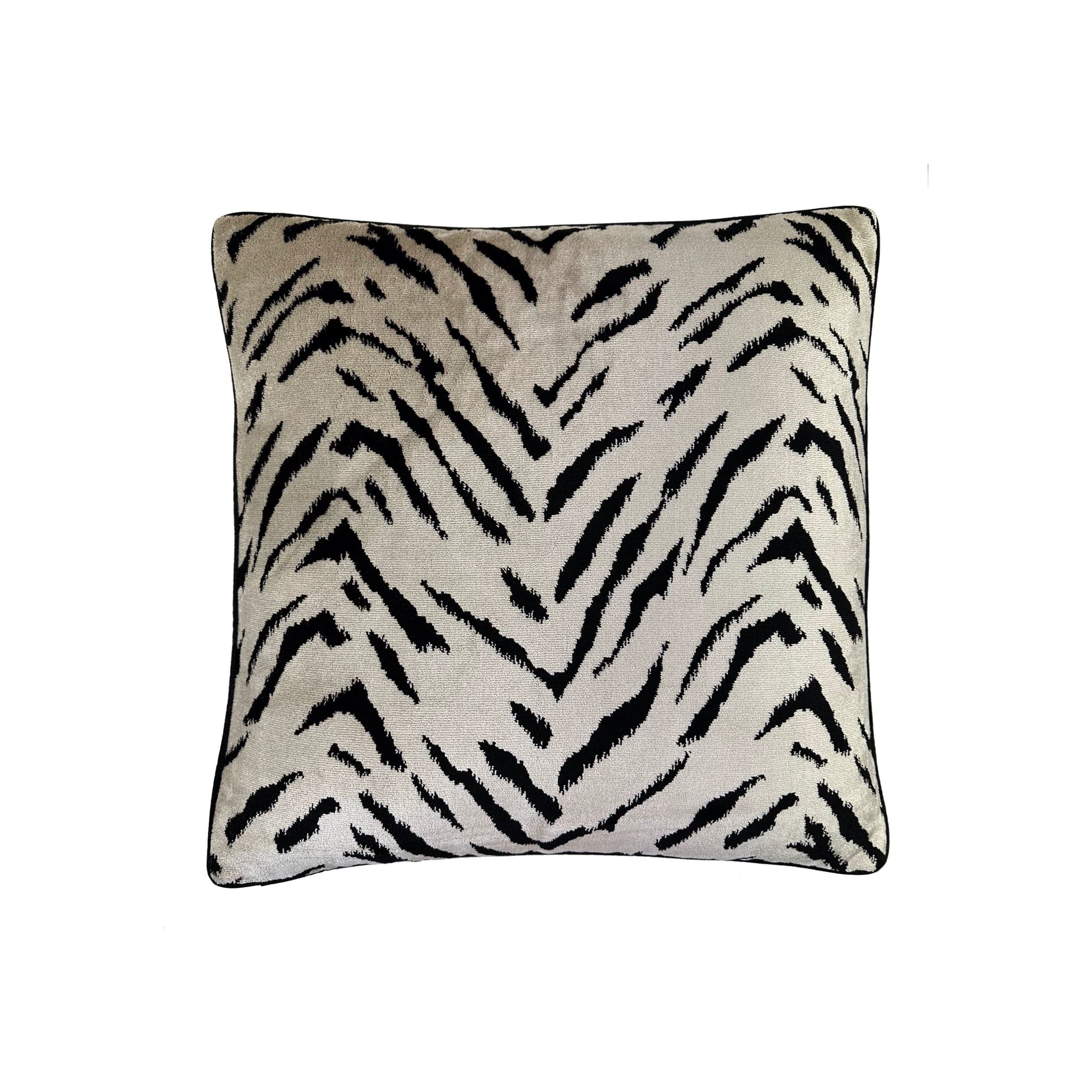 Cushion, square, smokey quartz and black tiger-stripe woven pattern, black piped edging, front-facing flat lay