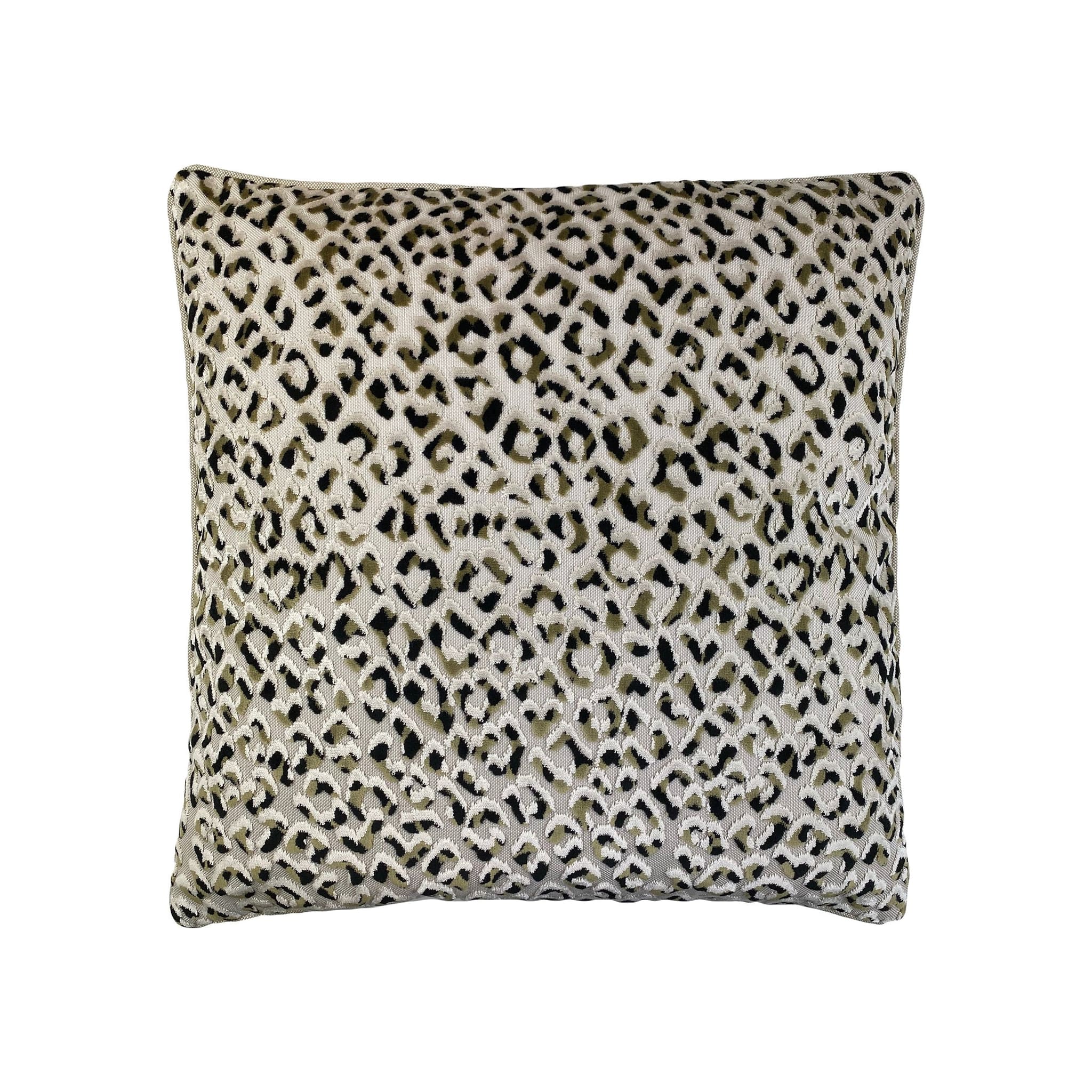 Cushion in cream and taupe leopard-print cut-velvet fabric, square, piped edges