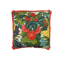 Cushion with tropical floral print, red ruffle trim, multicolor blooms on light background