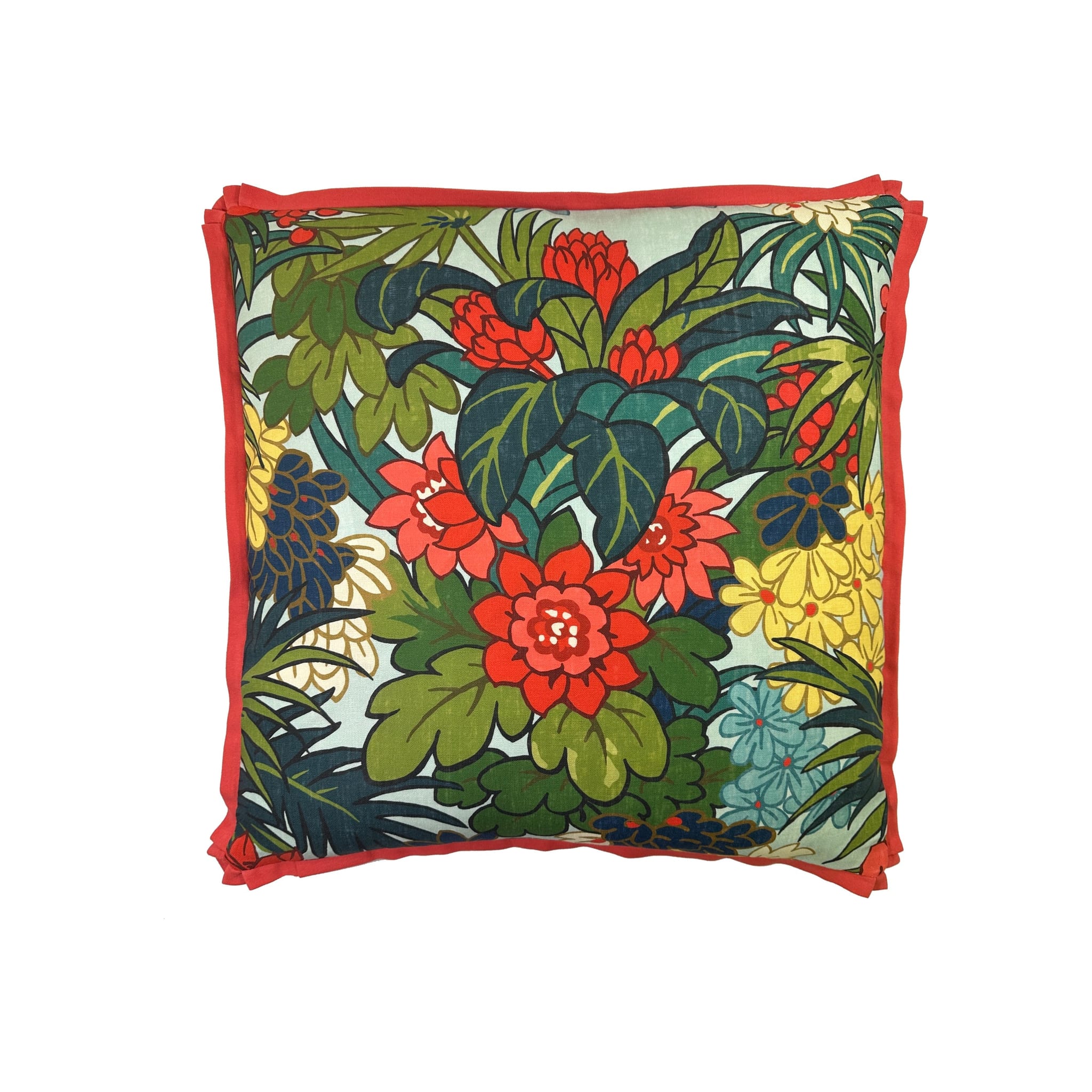 Cushion with tropical floral print, red ruffle trim, multicolor blooms on light background