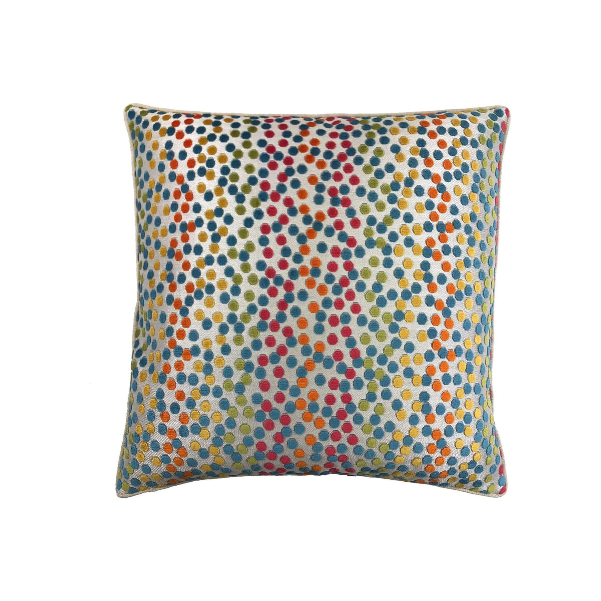 Cushion with multicolour polka-dot embroidered pattern on cream woven fabric, square format, piped edges