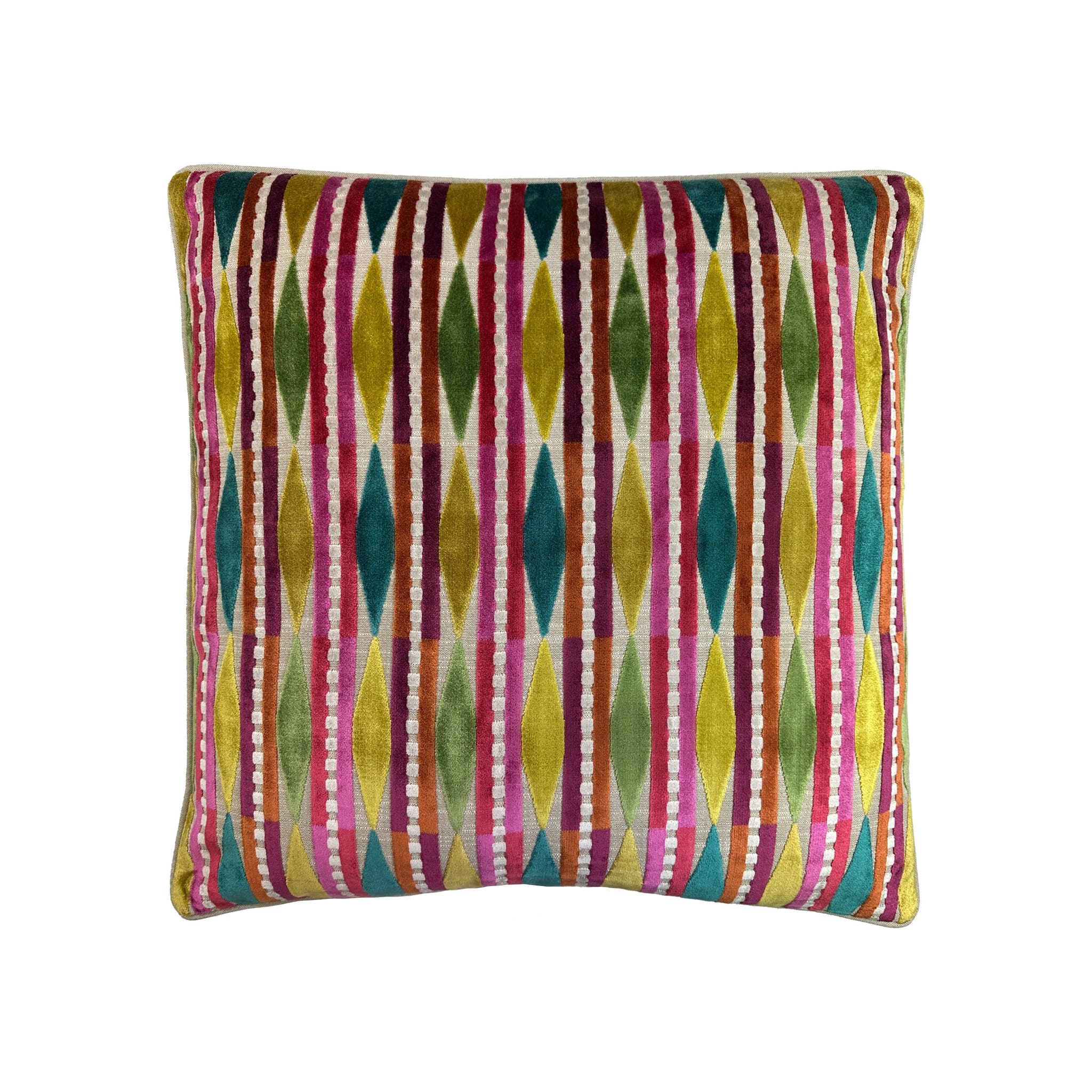 Cushion with multicolour velvet geometric diamond stripe pattern in teal, pink, chartreuse, and orange, front-facing flat lay