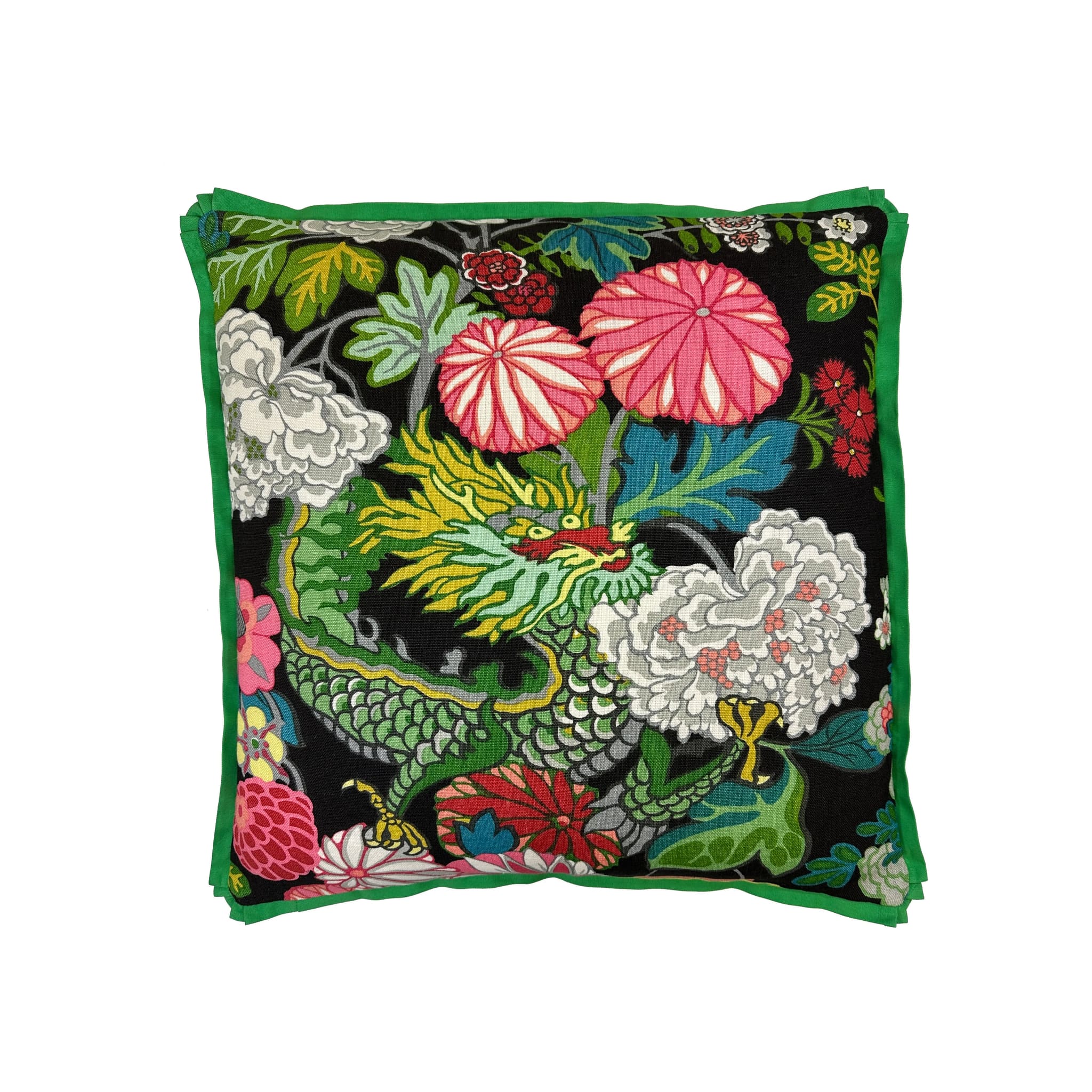 Cushion with black ground, dragon and floral print, green flanged border, square format