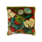 Cushion, red velvet with dragon and floral print, green fringe trim, square