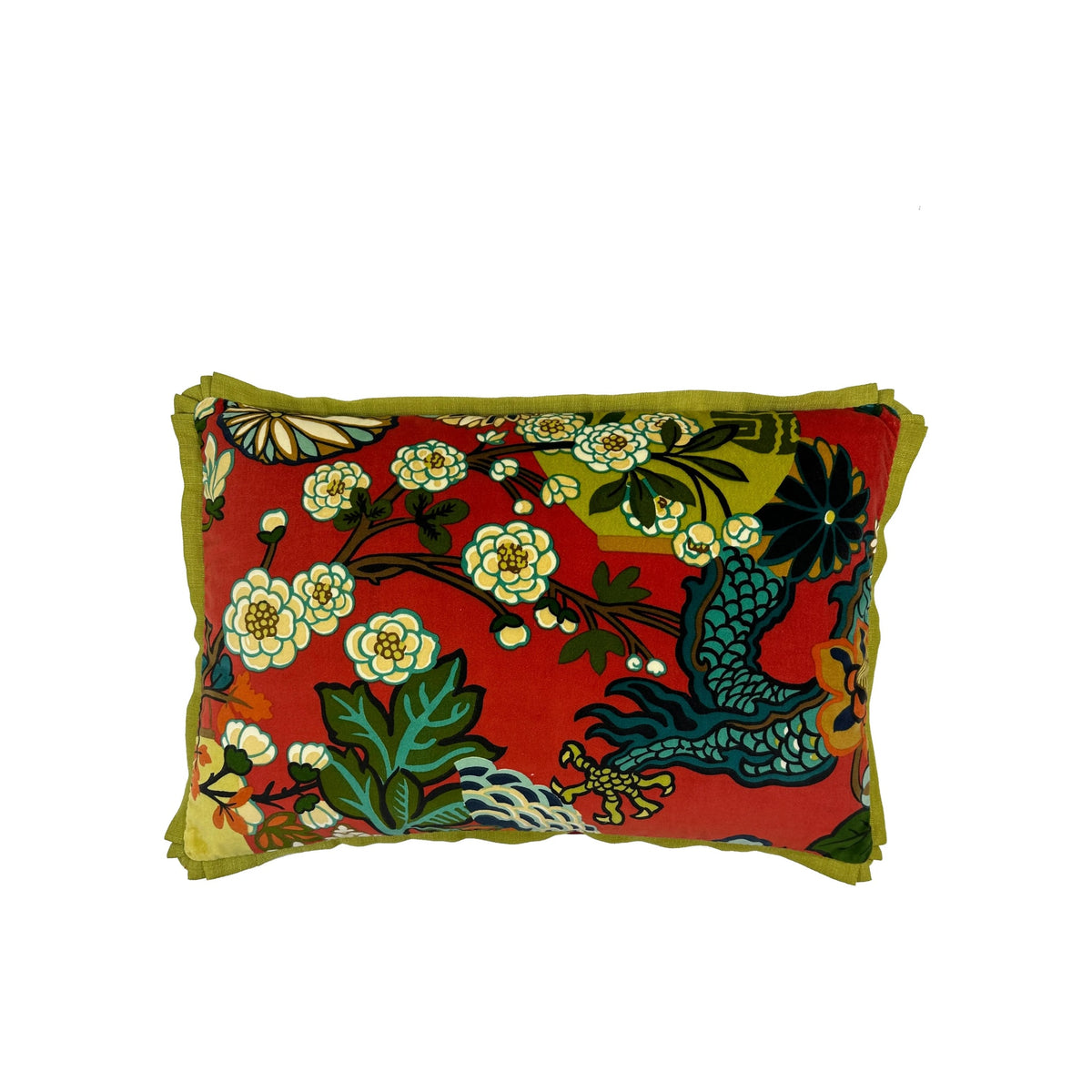 Cushion with red ground floral and phoenix print, olive green linen flange border, rectangular lumbar shape