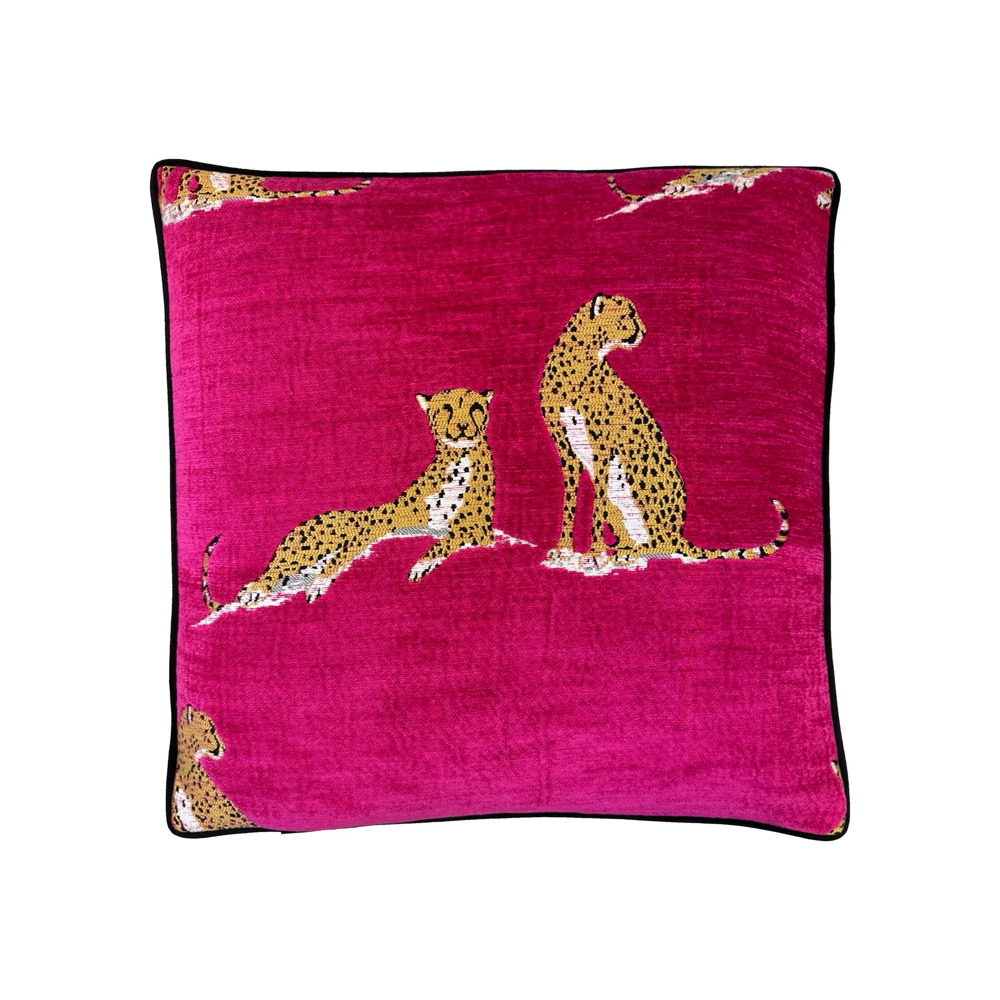 Cushion, hot-pink velvet fabric with woven cheetah motifs and black piped border
