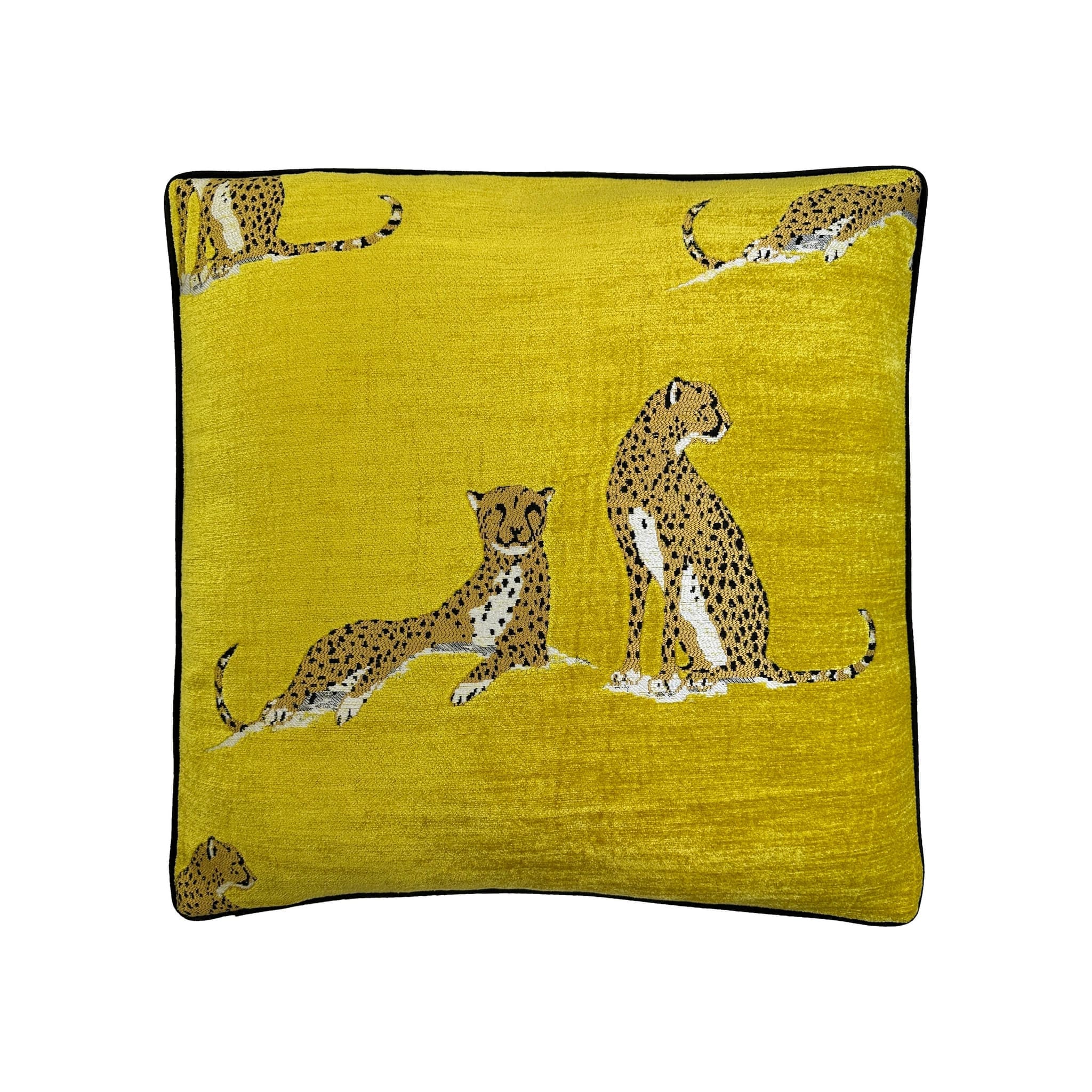 Cushion, yellow chenille fabric with woven cheetah print pattern and black piped border, front face