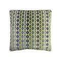 Cushion with vertical wave stripe pattern in green, navy, and teal velvet on cream ground