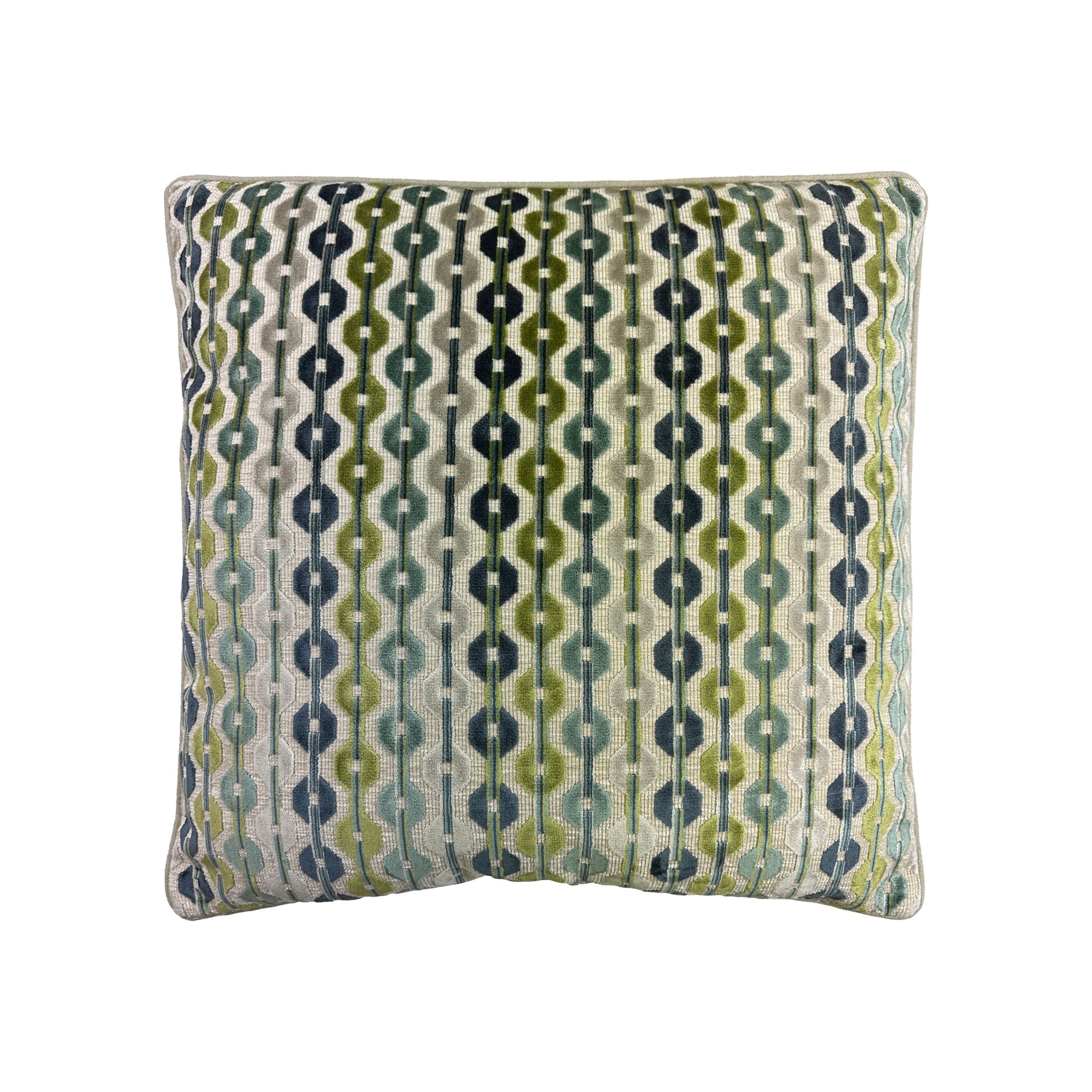 Cushion with vertical wave stripe pattern in green, navy, and teal velvet on cream ground