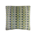 Cushion with vertical wave stripe pattern in green, navy, and teal velvet on cream ground