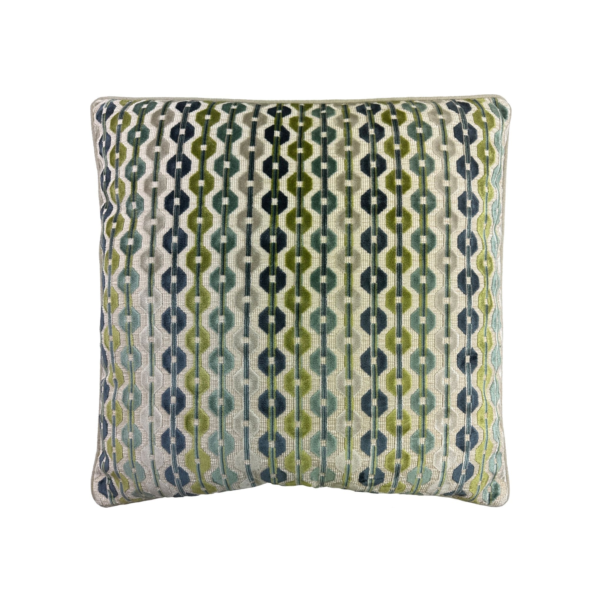 Cushion with vertical wave stripe pattern in green, navy, and teal velvet on cream ground