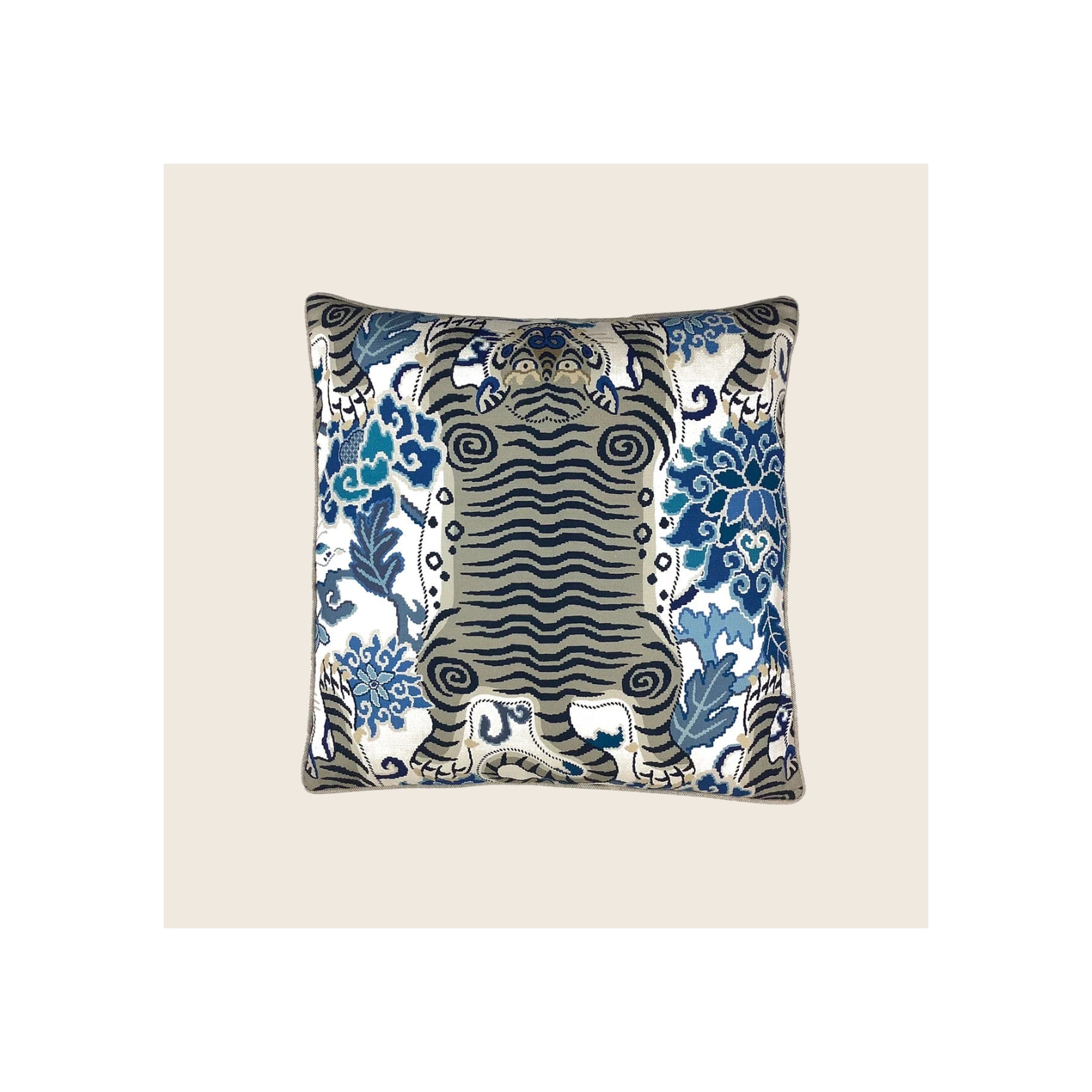 Cushion, blue and grey Tibetan tiger floral jacquard print, piped edges, square format