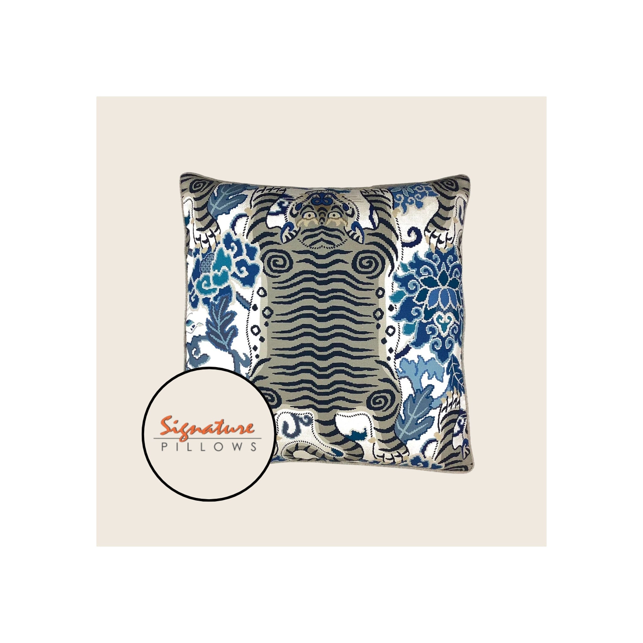 Decorative throw pillow, blue and grey Tibetan tiger floral jacquard fabric, front-facing square