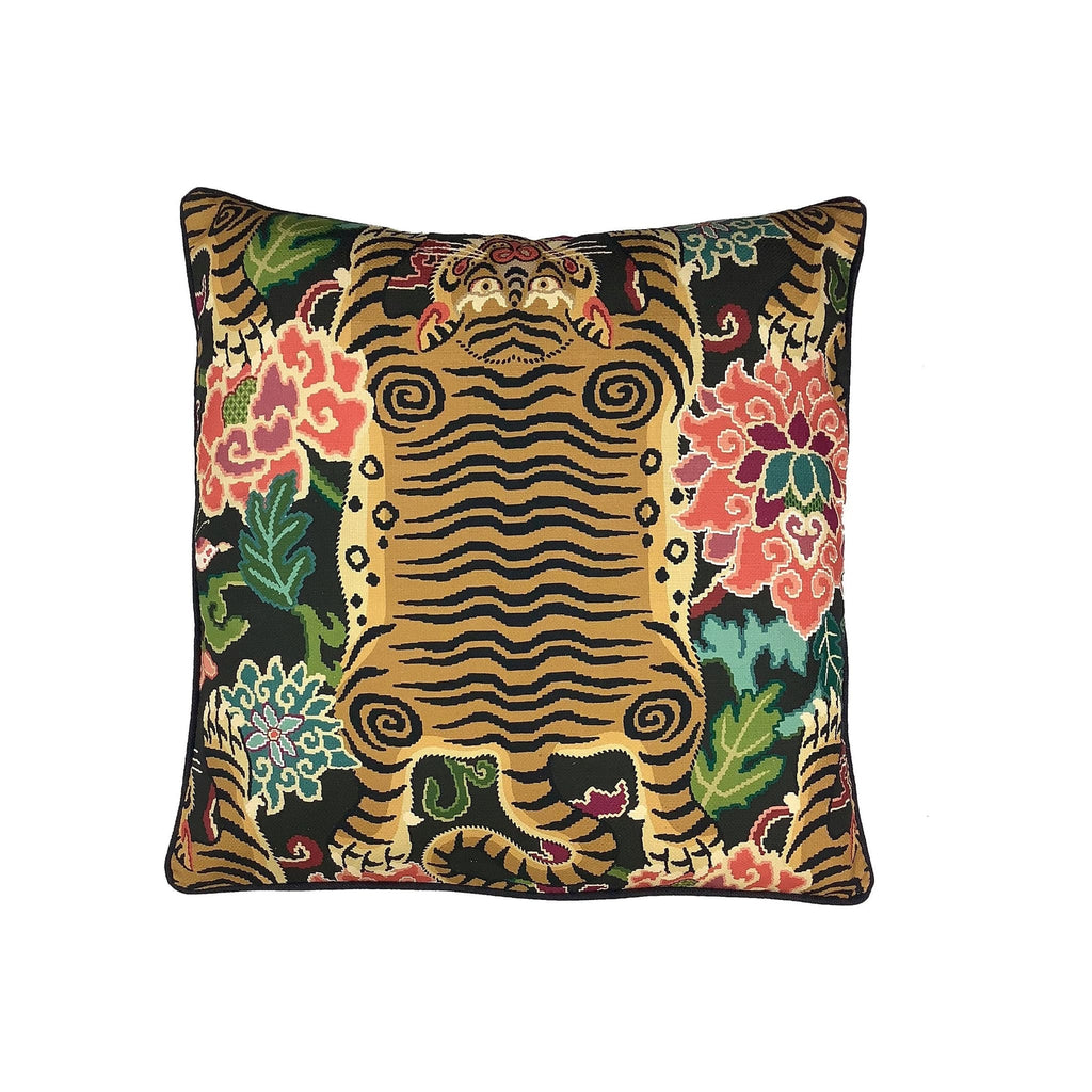 Cushion with Tibetan tiger and floral motif on black ground, gold black pink green, square with black piping