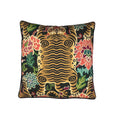 Cushion with Tibetan tiger and floral motif on black ground, gold black pink green, square with black piping