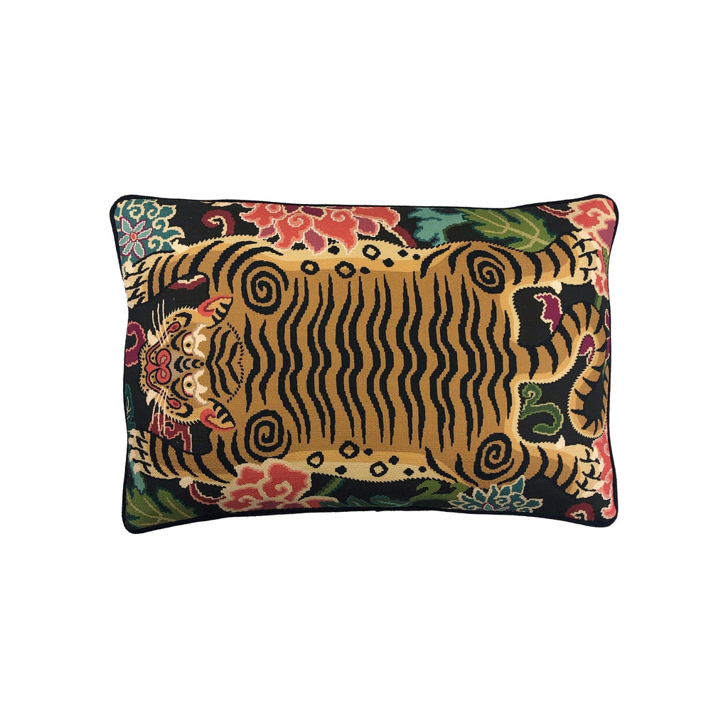 Cushion with Tibetan tiger motif, gold and black woven fabric, black piped border, landscape orientation