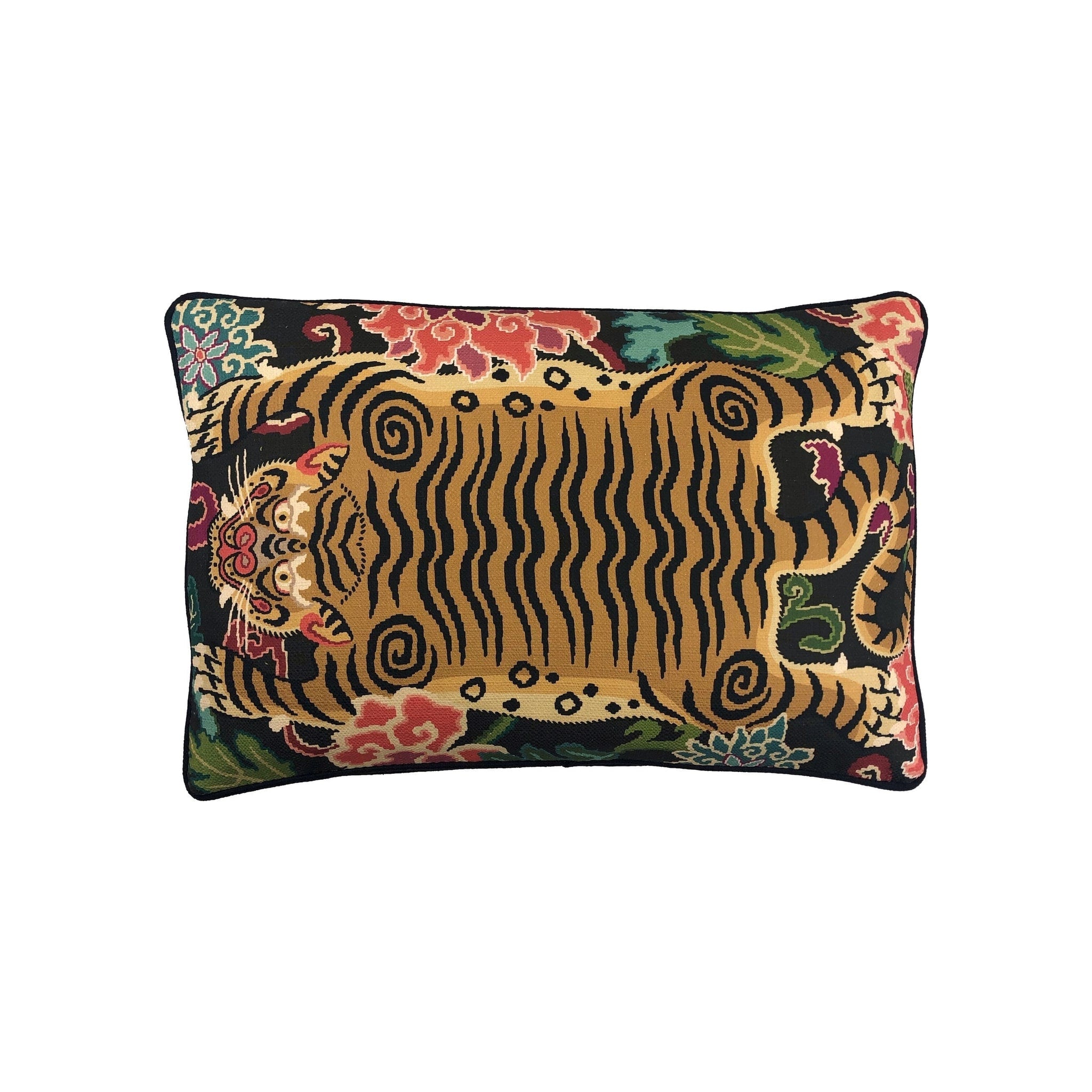Cushion with Tibetan tiger motif, gold and black woven fabric, black piped border, landscape orientation