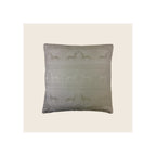 Cushion cover in sage green jacquard fabric with repeating horse and botanical stripe pattern