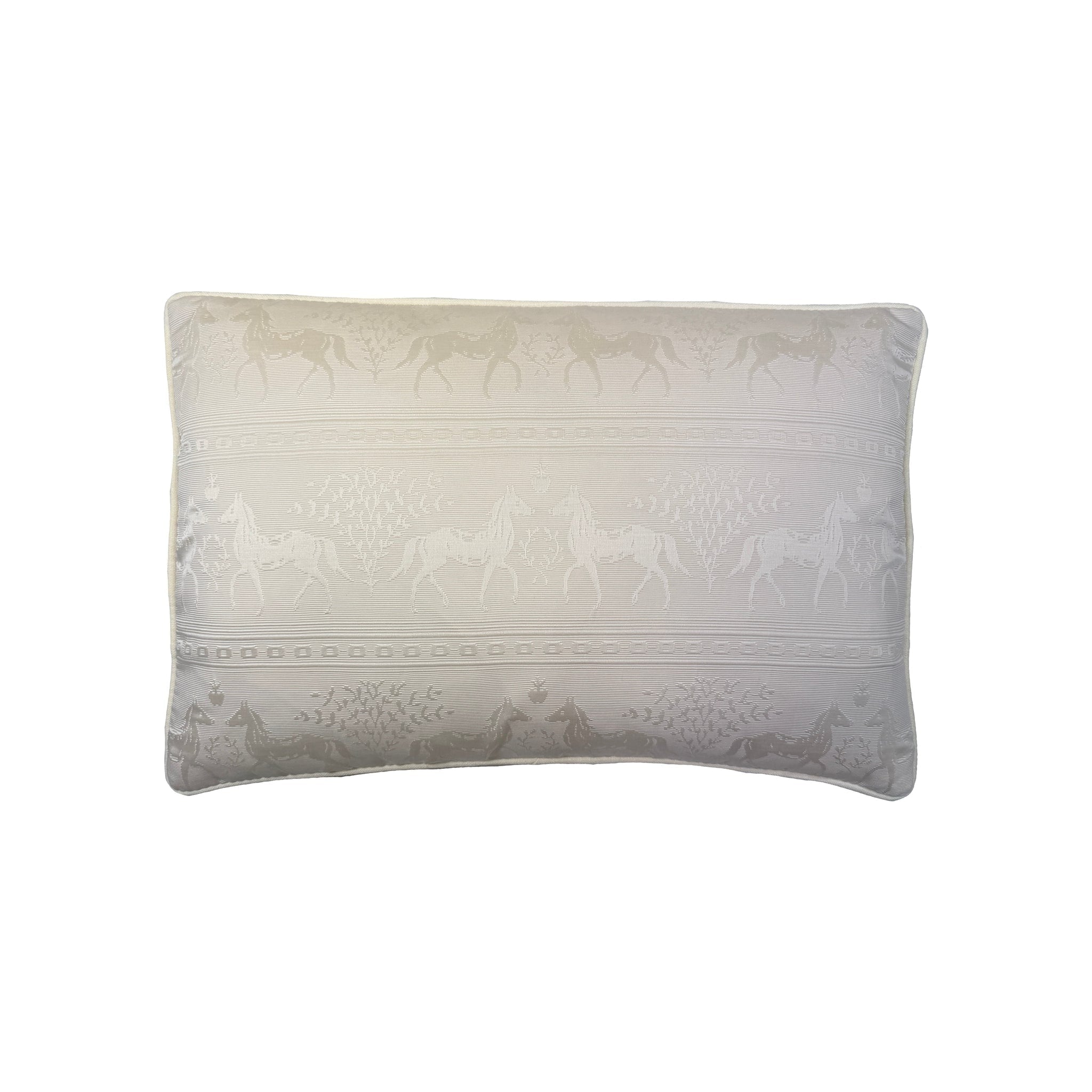 Pillow ivory jacquard fabric with tonal horse and foliage repeat pattern, piped edges, landscape orientation