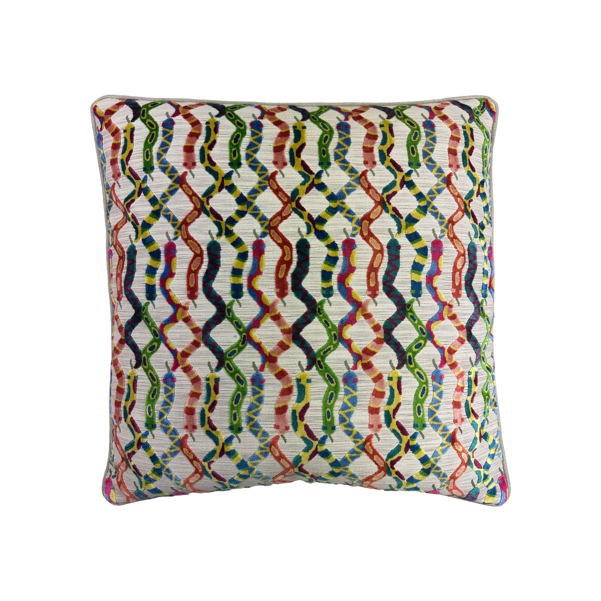 Cushion with multicolour snake pattern on cream woven fabric, piped edge, front-facing