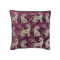 Cushion, purple velvet with all-over black and cream Tibetan tiger jacquard pattern, black piped border, front-facing square orientation
