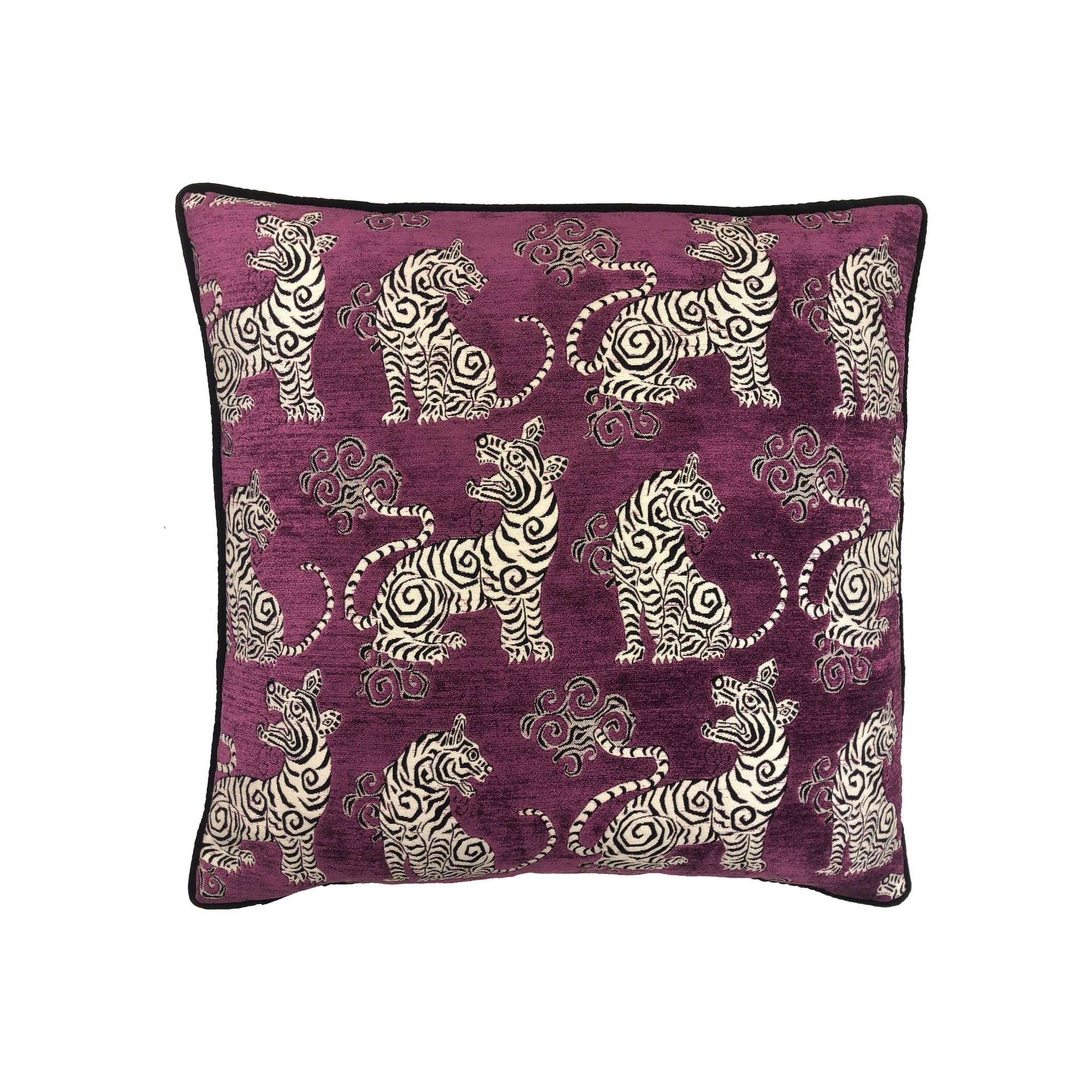 Cushion, purple velvet with all-over black and cream Tibetan tiger jacquard pattern, black piped border, front-facing square orientation