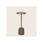 Drink table, antique brass metal, round top, slender stem, cylindrical base