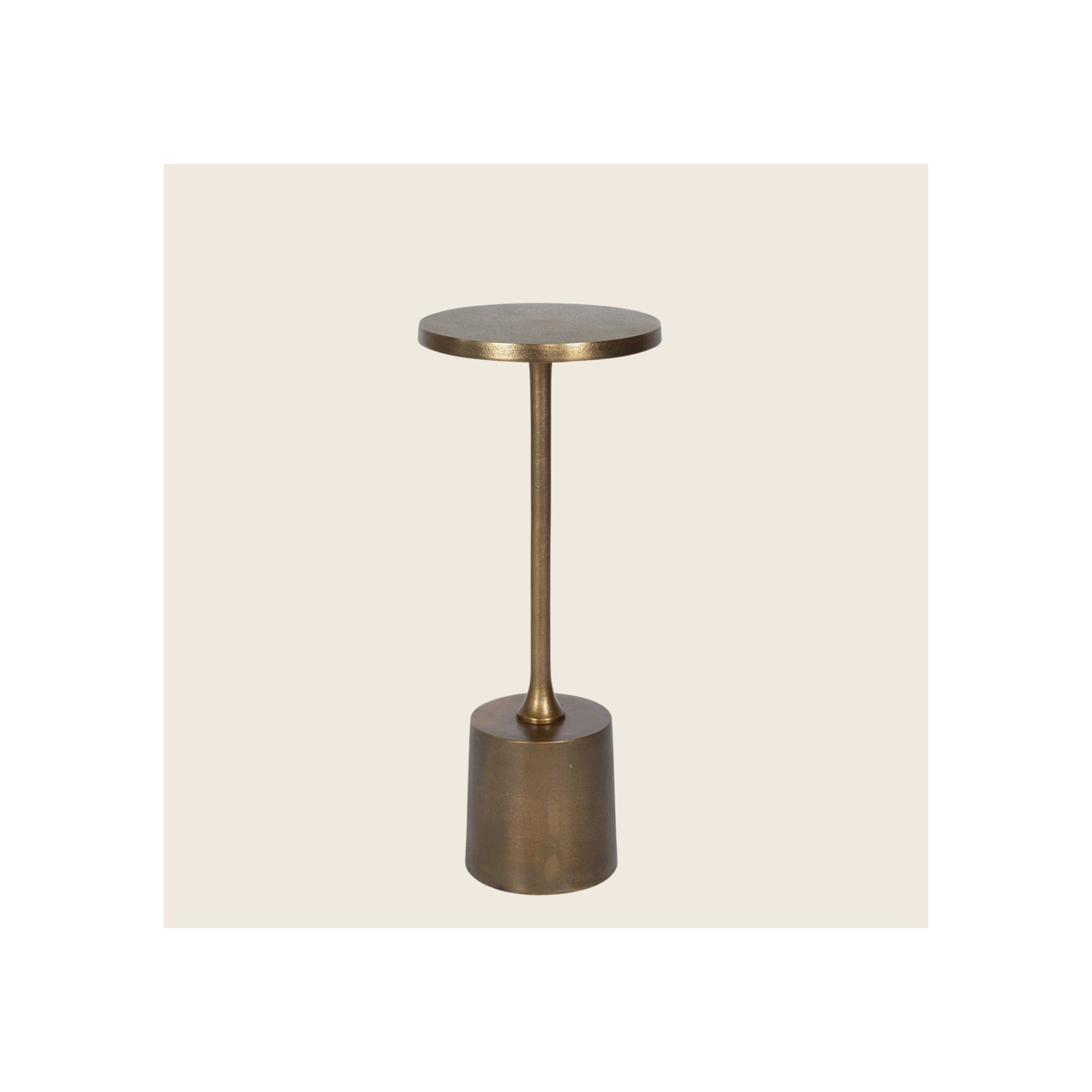 Drink table, antique brass metal, round top, slender stem, cylindrical base