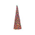 Beaded tree cone-shaped tabletop decoration covered in multicolor pink green gold red blue ornament balls upright