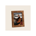 Photo frame in burl wood finish, angled portrait orientation, displaying lifestyle insert photo