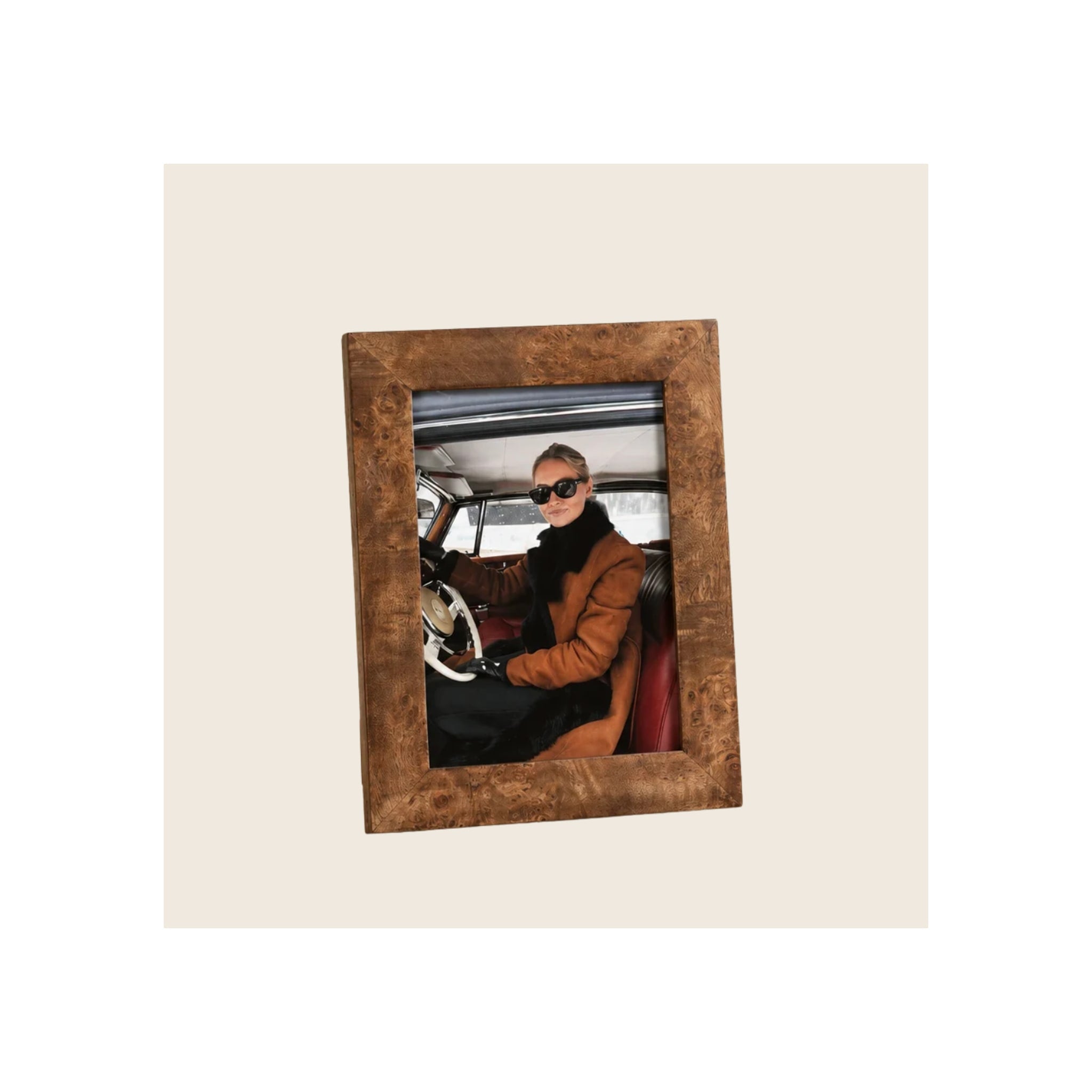 Photo frame in burl wood finish, angled portrait orientation, displaying lifestyle insert photo