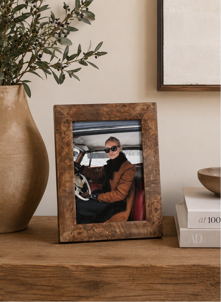 Burl wood photo frame, warm brown mottled finish, portrait orientation, displayed upright on wooden shelf